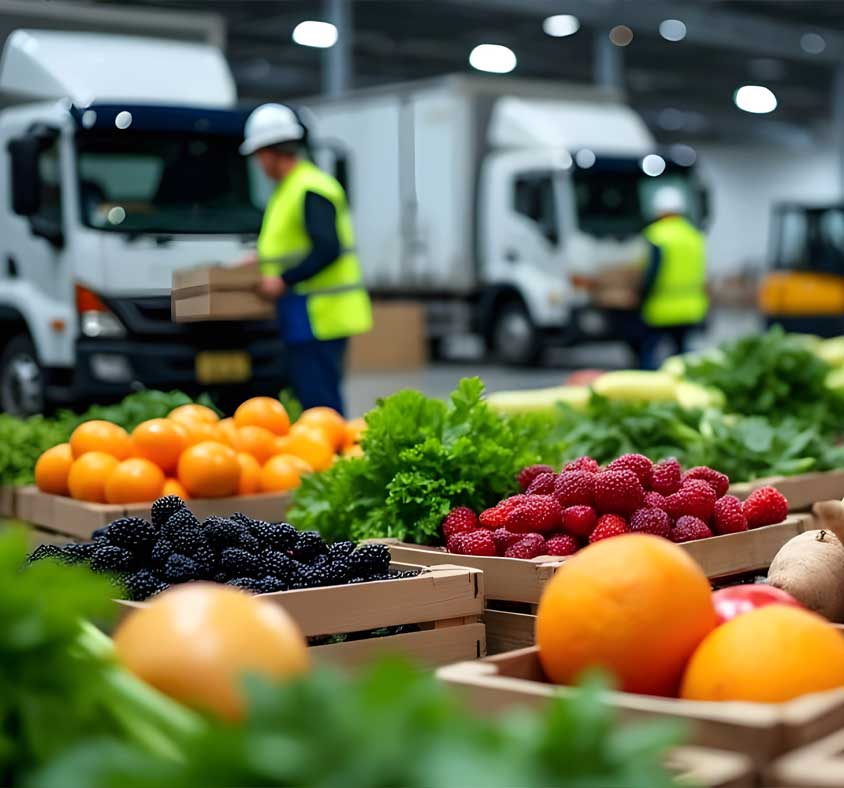 Crates of fresh produce stacked at a market