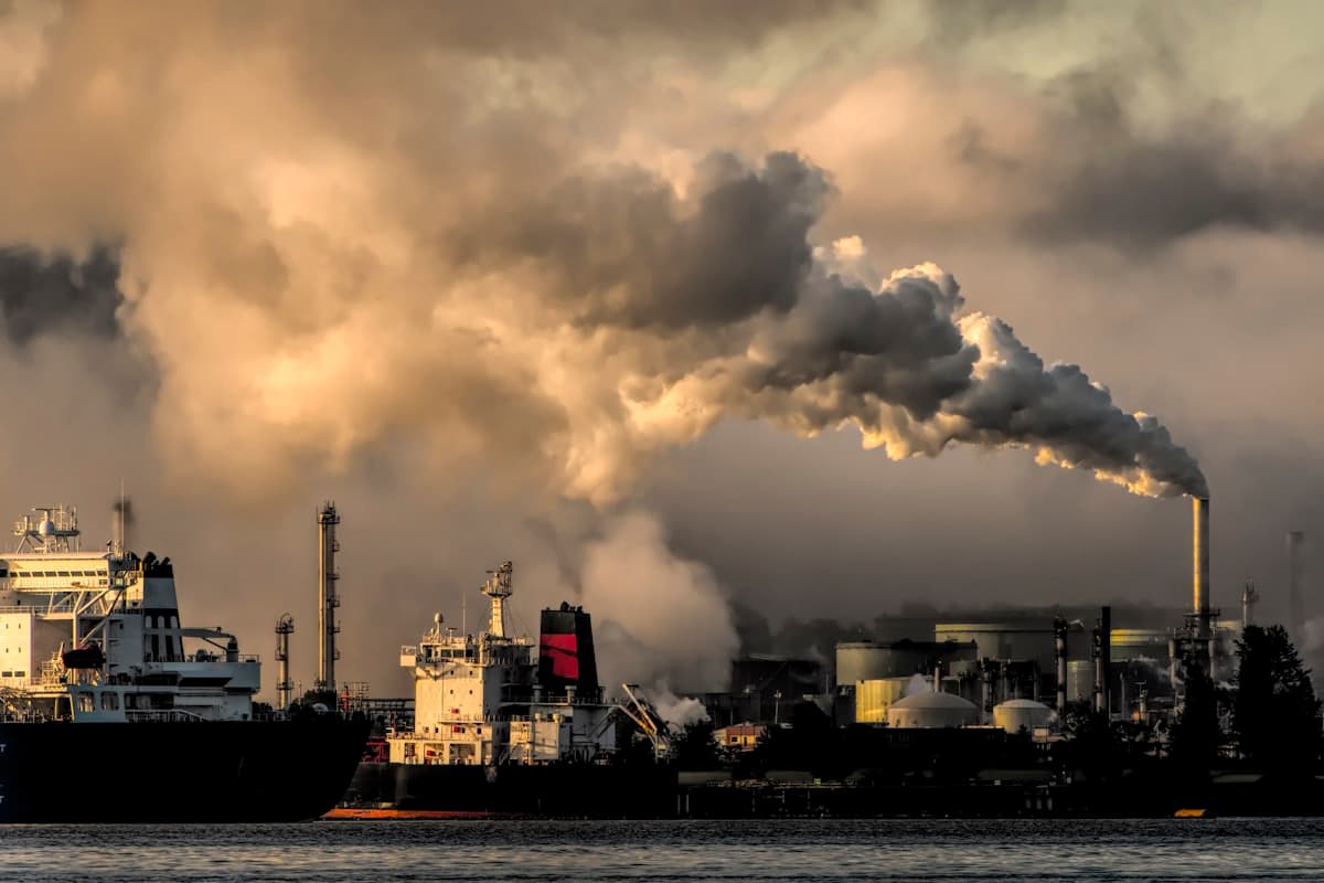 An industrial processing facility at dusk