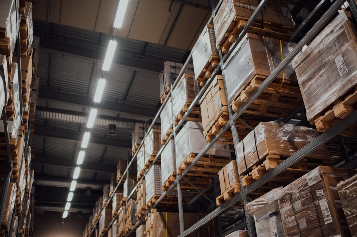 Palletized freight racked in a warehouse